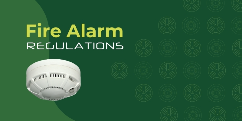 A white fire alarm with a green background, featuring the text "Fire Alarm Regulations" and a pattern of fire alarm icons on the right side, highlights the importance of Fire Alarm Compliance and fire safety. | Green View Projects