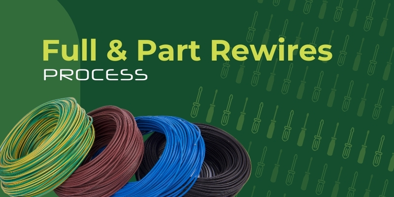Coils of coloured electrical wires with the text “Full & Part Rewires Process” on a green background patterned with screwdriver icons, highlighting rewiring solutions for protecting homes and commercial spaces. | Green View Projects