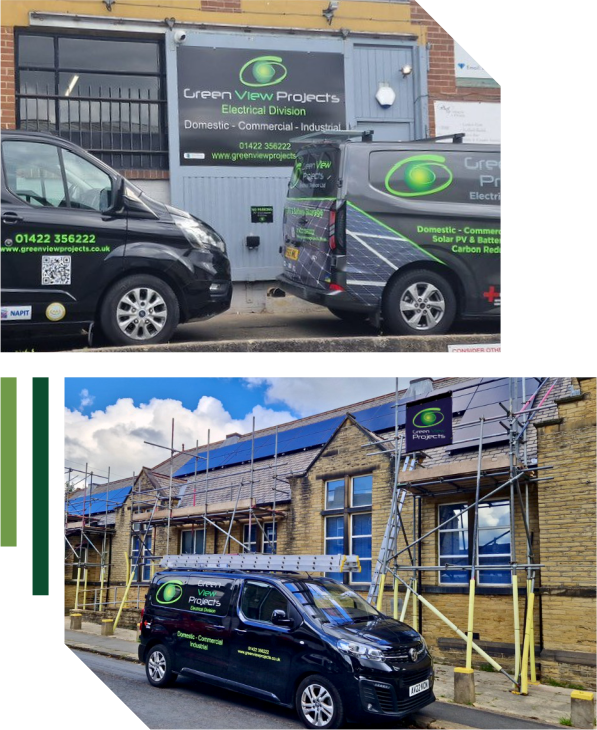 Two images show Green View Projects vans parked outside buildings. The first is outside a brick building with a company sign; the second shows a van parked near scaffolding and workers on a building with the company logo visible. | Green View Projects