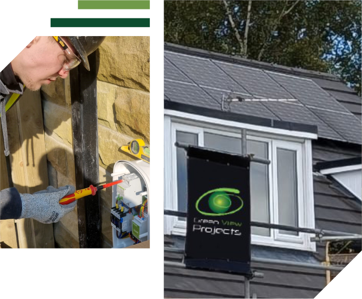 A worker in safety gear uses a screwdriver on electrical equipment, whilst another image shows a house with solar panels and a "Green View Projects" sign on scaffolding. | Green View Projects
