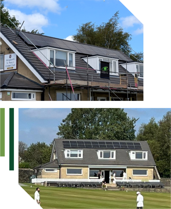 Top: A building with scaffolding and solar panels being installed on the roof by a Commercial Electrical Services team. Bottom: The same building, solar panel installation complete, overlooks a cricket pitch where people are playing. | Green View Projects