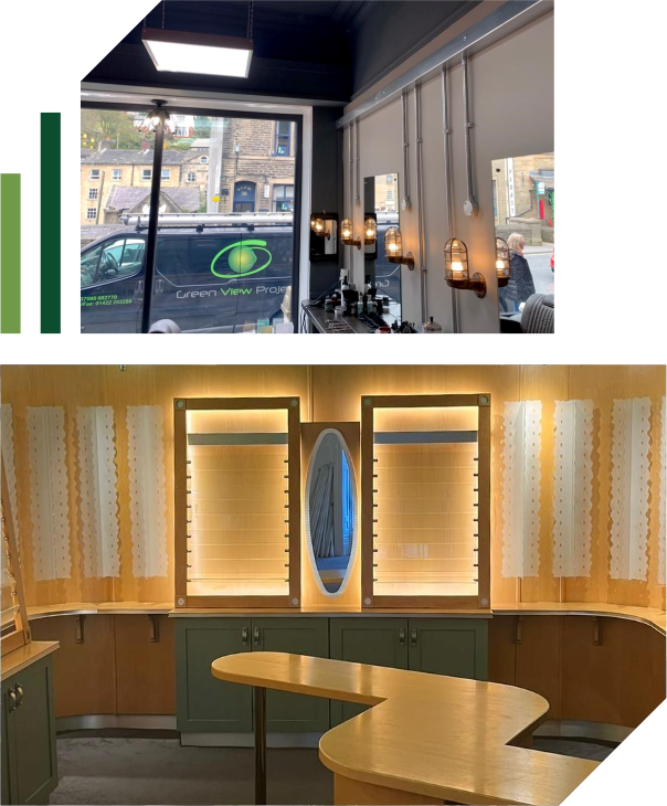 Two images: the top highlights a modern shop interior with large windows, industrial lights—showcasing quality Commercial Electrical Services—and a van outside; the bottom shows an empty spectacles display area with wood panelling, shelves, and a central mirror. | Green View Projects