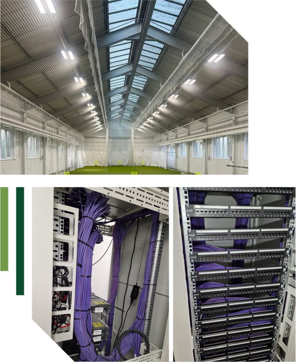 A collage showing a large indoor sports centre with nets and overhead skylights, alongside two images of server racks with organised purple cables and network equipment, highlighting Industrial Electrical Services in modern infrastructure. | Green View Projects