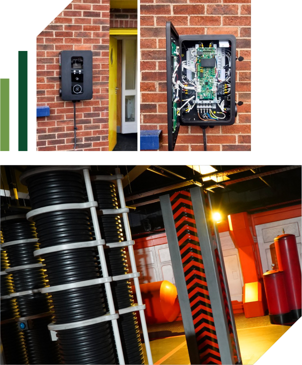 Collage showing a wall-mounted security device, its interior circuitry, and a room with industrial equipment—including large coiled pipes and a red-and-black striped structural pillar—highlights Industrial Electrical Services. Green bar graphics appear in the corner. | Green View Projects