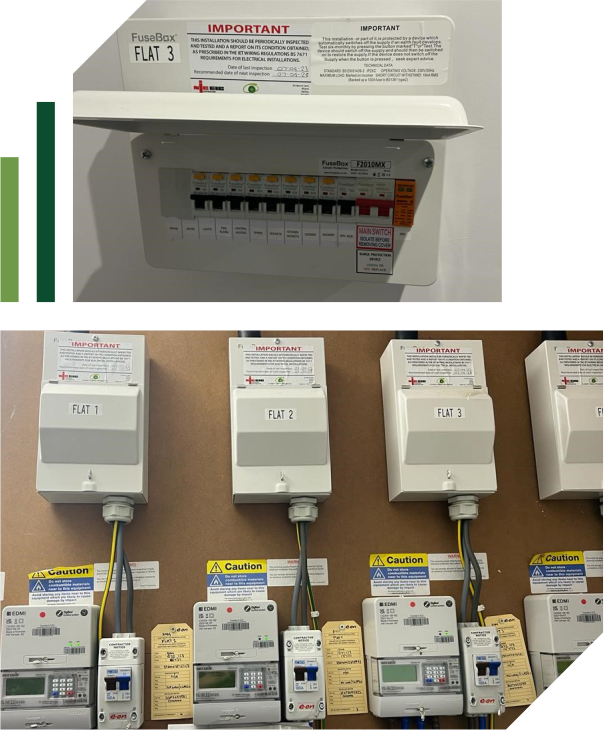 Two images: the top shows a close-up of an open electrical fuse box labelled "FLAT 3;" the bottom displays four fuse boxes for different flats, each above an electricity meter and warning labels—highlighting electrical safety for landlords. | Green View Projects