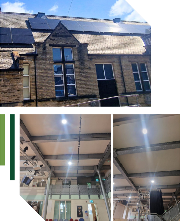A building with solar panels on its roof is shown above, whilst the lower images display a well-lit interior with high ceilings, exposed beams, and large windows—highlighting modern electrical services for the public sector. | Green View Projects