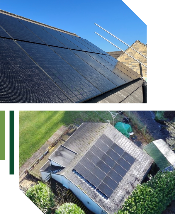 Top: Close-up of solar panel installation on a sloping roof under a clear blue sky in Yorkshire. Bottom: Aerial view of a house in Yorkshire with multiple solar panels on the roof, surrounded by grass and trees. | Green View Projects