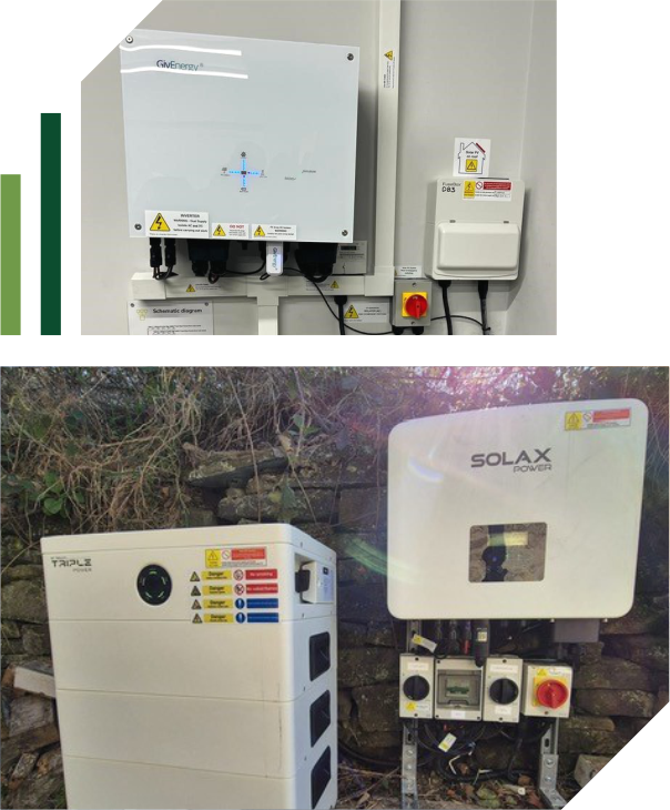 Two photos of solar power equipment: the first shows an indoor wall-mounted control unit with warning labels; the second shows two outdoor solar power inverters and electrical boxes mounted on a stone wall, part of a Solar Panel Installation in Yorkshire. | Green View Projects