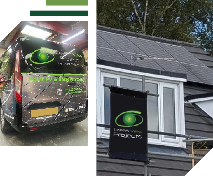 A van and a building both display the "Urban View Projects" logo. The van is parked indoors and the building has solar panels on the roof, with a company banner attached to the wall. | Green View Projects