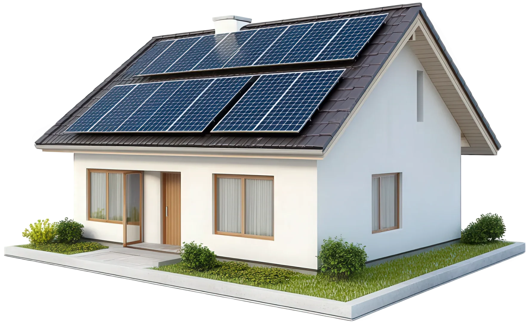 A small, modern house with a dark roof features several solar panels on top. The white exterior has large windows and a wooden front door. The house is surrounded by small bushes and grass. | Green View Projects